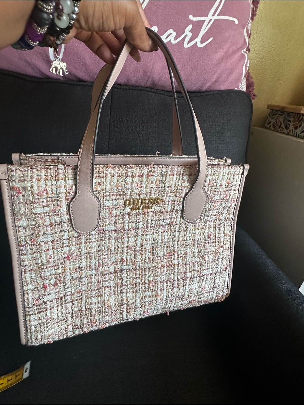 GUESS Pink Tweed Tote with Gold Logo Hardware
